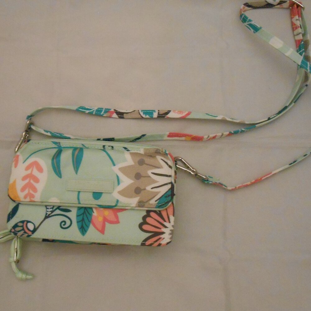 Vera Bradley Mint Flowers Crossbody/Wristlet Bag, Wallet, Clutch, RFID Blocking